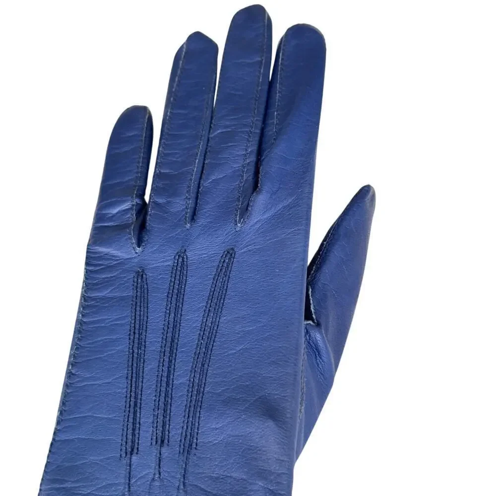 Vintage 13” Elbow Length Blue Kid Leather Women’s French Gloves 1950’s Size 6